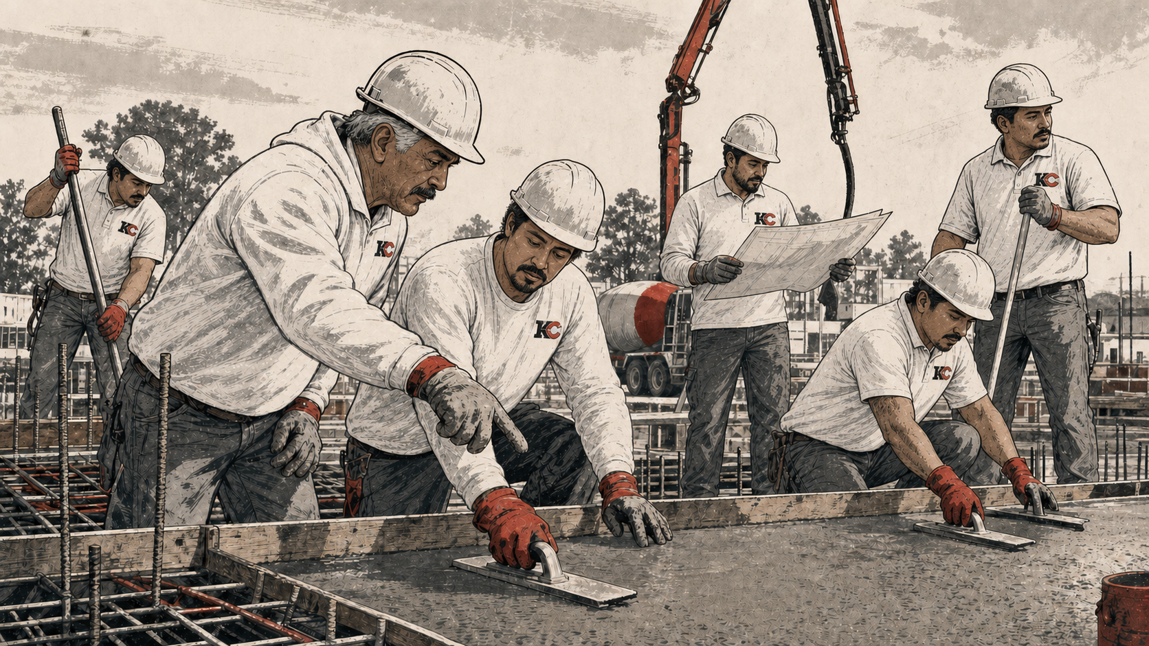 Illustration of the Mexican-American KCCC family crew working together on a concrete placement