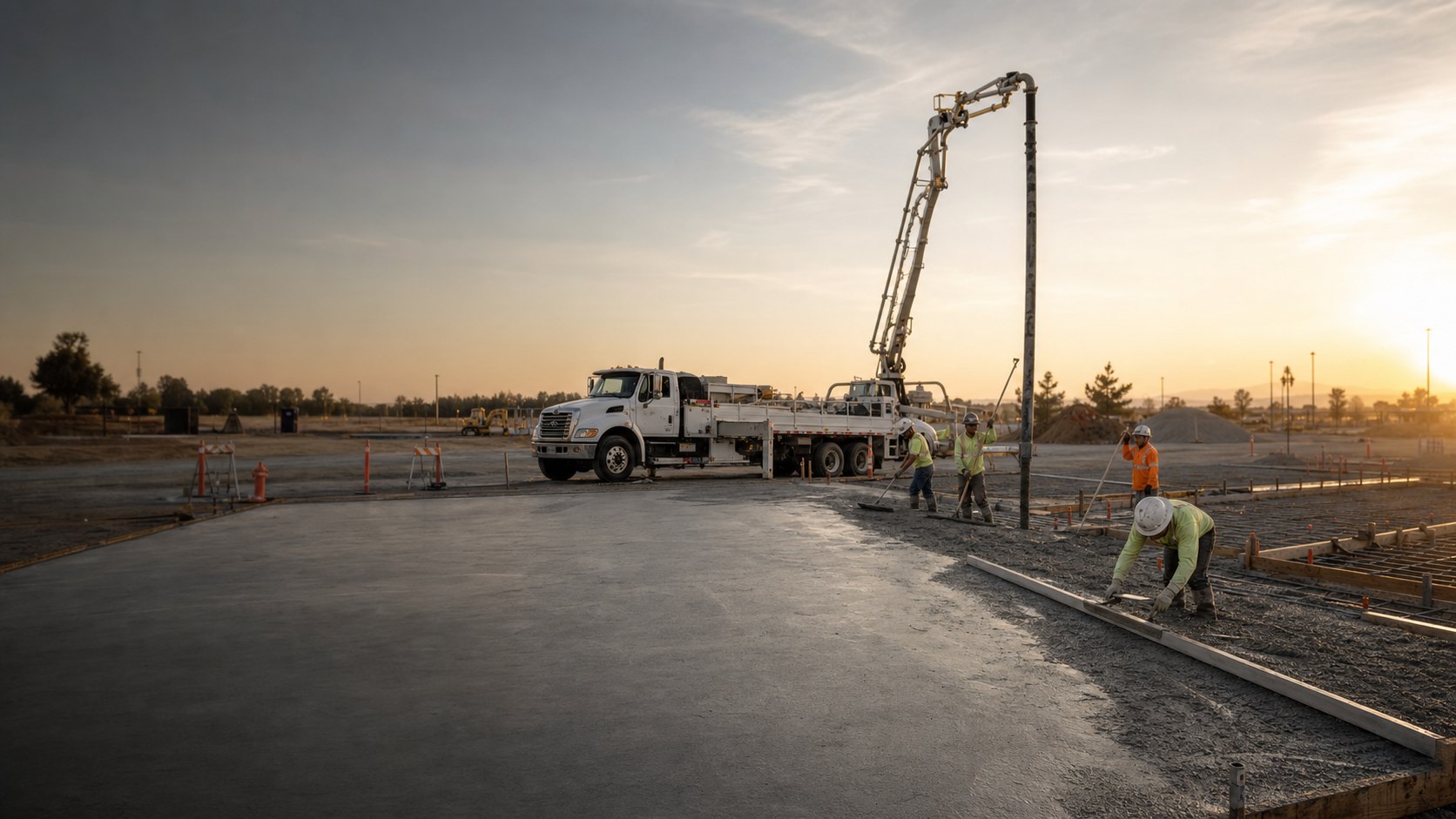 Concept image of a coordinated concrete placement at sunrise